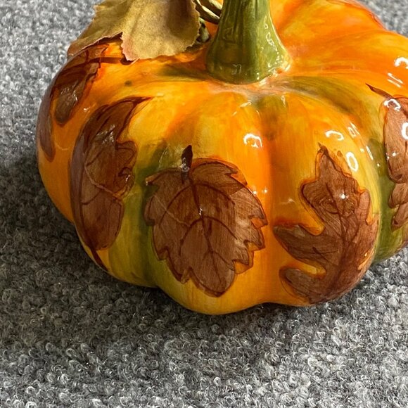 Halloween Hand-Painted Ceramic Pumpkin Decor Autumn Leaf Design Thanksgiving - Picture 3 of 9